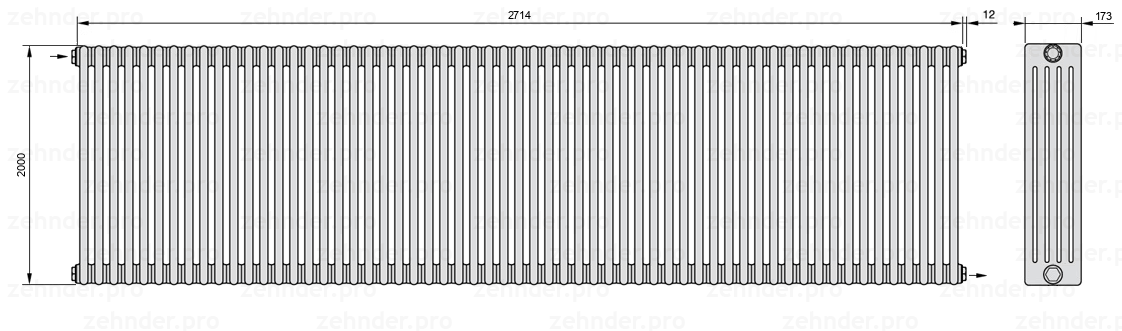 Схема (чертеж) Радиатор Zehnder Charleston 5200/59 №1670 Белый глянцевый RAL 9016